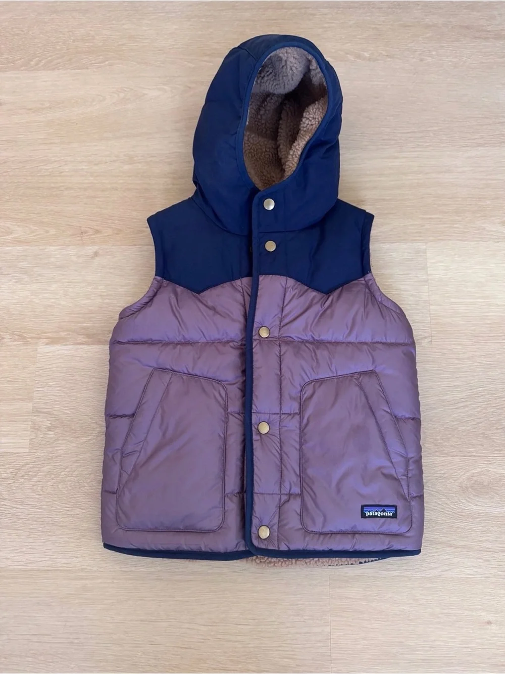 Patagonia Kids Hooded Puffer Vest in Navy & Mauve